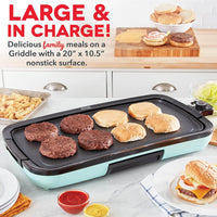 DASH Deluxe Electric Griddle - 1500W Nonstick Plate for Perfect Pancakes, Burgers & More - Easy Clean with Drip Tray & Recipe Book - Aqua 20” x 10.5”