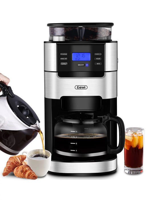 GEVI 10-Cup Programmable Coffee Maker with Built-In Burr Grinder and Drip Brewing System