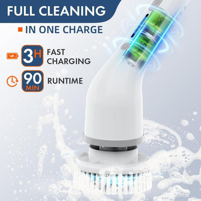 8-in-1 Electric Spin Bathroom Scrubber with Holder and Charger, Long Handle Cleaning Brush for Kitchen and Floor Maintenance