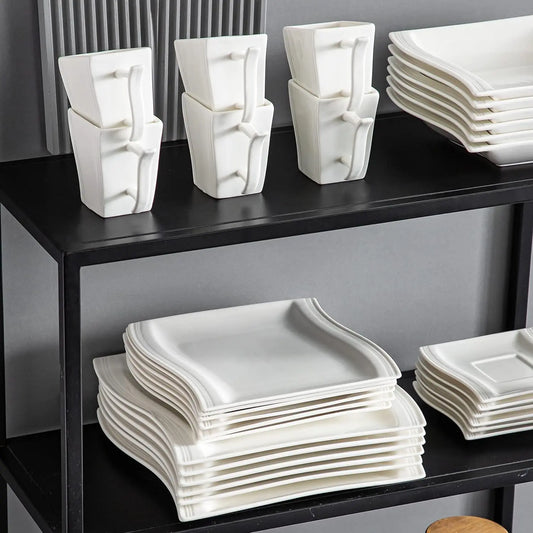Ivory White Dinnerware Sets 60 Piece Kitchen Plates and Bowls Sets for 12 Porcelain Dish Set with Dinner Plates Set Cups
