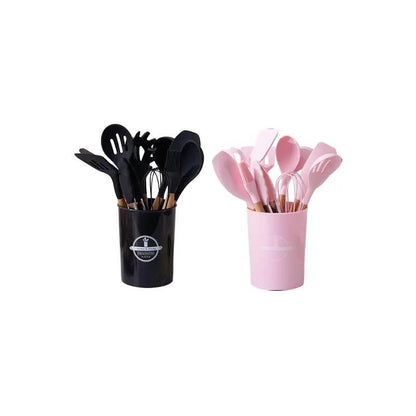Silicone Kitchen Cooking Utensils Set, 12Pcs/Set Heat Resistant, Tongs, Spatula, Spoon, Brush, Whisk, Wooden Handle Kitchen Gadgets with Holder