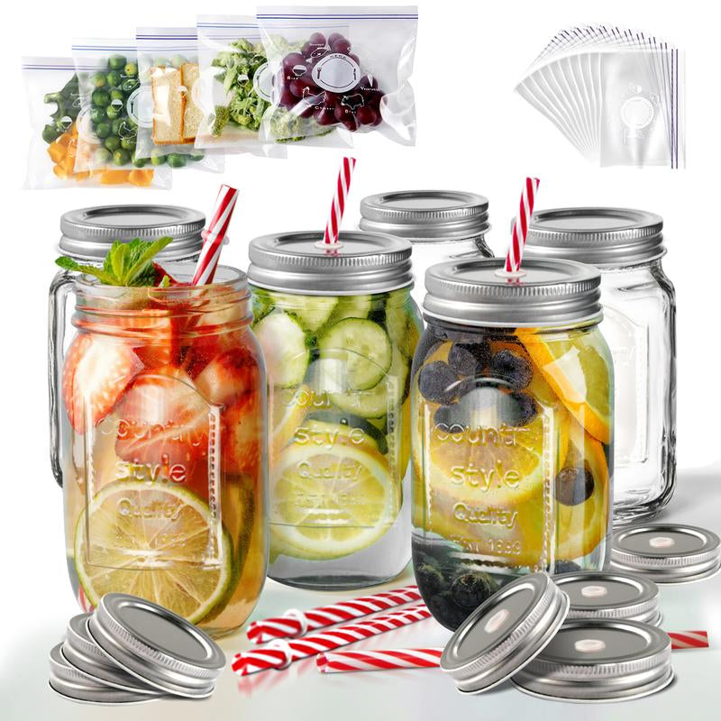 Mason Jars Wide Mouth with Lid,Container Clear Glass Bottle,Juice Container,Glass Bottle with Straw,Kitchen Utensils,6 Count Canister Tin,Two Styles Transparent Oval