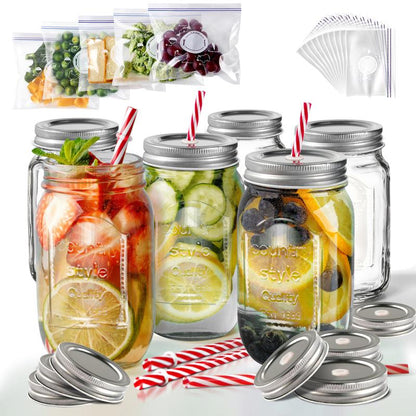 Mason Jars Wide Mouth with Lid,Container Clear Glass Bottle,Juice Container,Glass Bottle with Straw,Kitchen Utensils,6 Count Canister Tin,Two Styles Transparent Oval