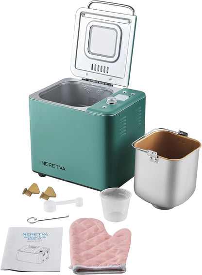 Neretva 20-in-1 Professional Bread Maker with Dual Heater, 2LB Capacity, All-Metal Nonstick Ceramic Pan, Compact Design for Gluten-Free Baking, Dough Preparation, Dried Meat Floss, Jam, and Yogurt - Green
