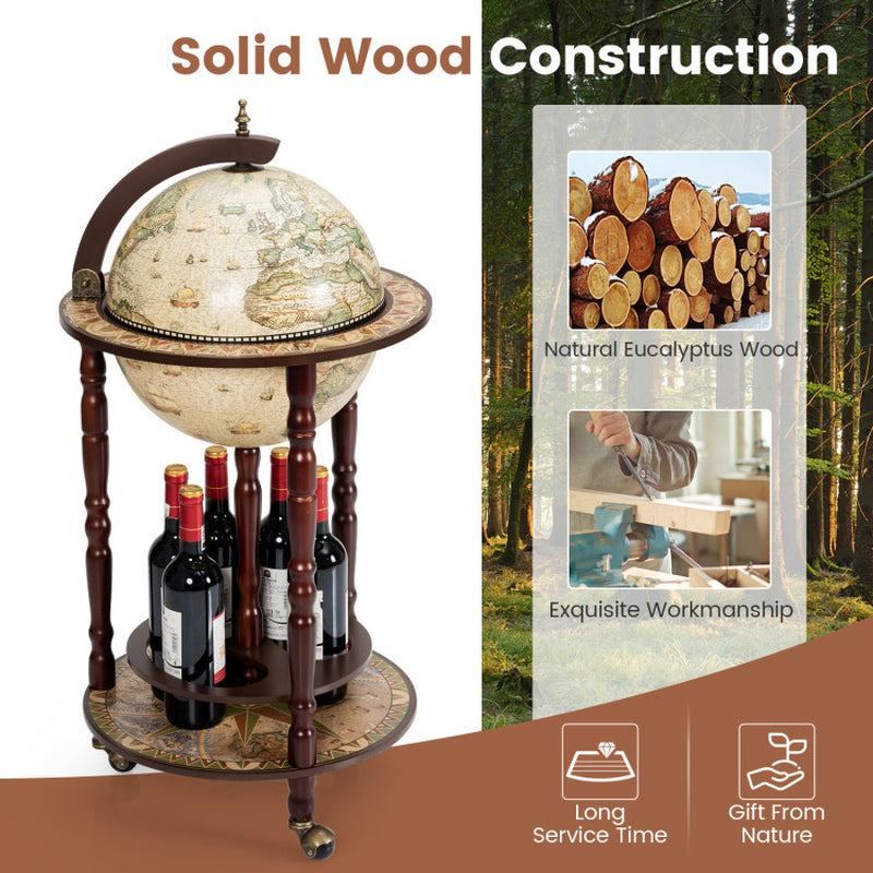 17-Inch Italian-Style Wooden Globe Liquor Bottle and Wine Rack with Wheels