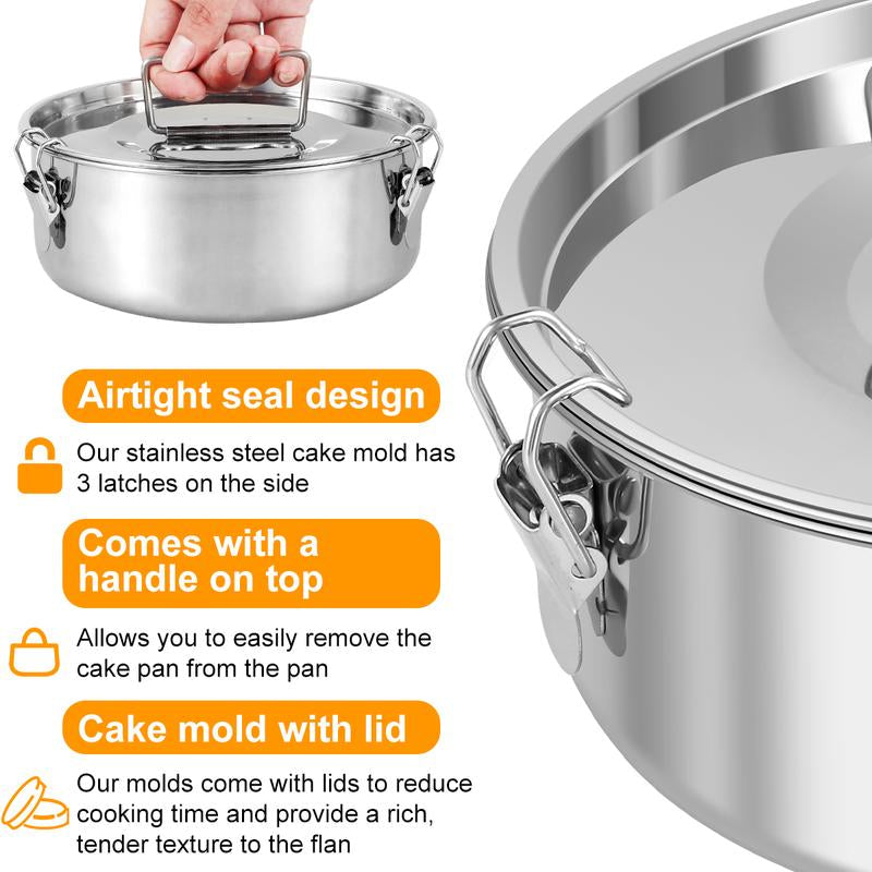304 Stainless Steel Flan Mold with Lid and Handle - 1.5QT Capacity Round Cake Baking Pan for Flan, Chocolate Cake, Cupcakes, and Pudding