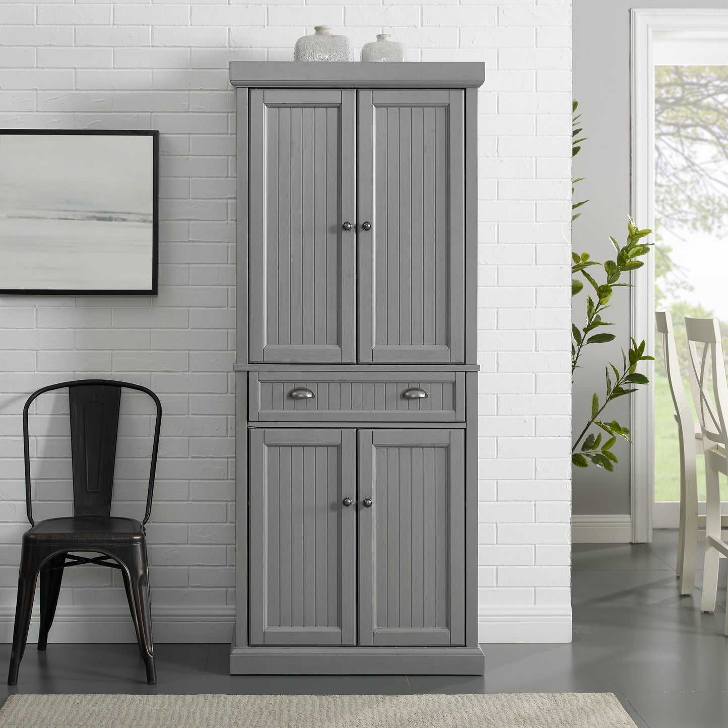 Crosley Furniture Seaside Coastal Pantry with Distressed Gray and Gold Finish