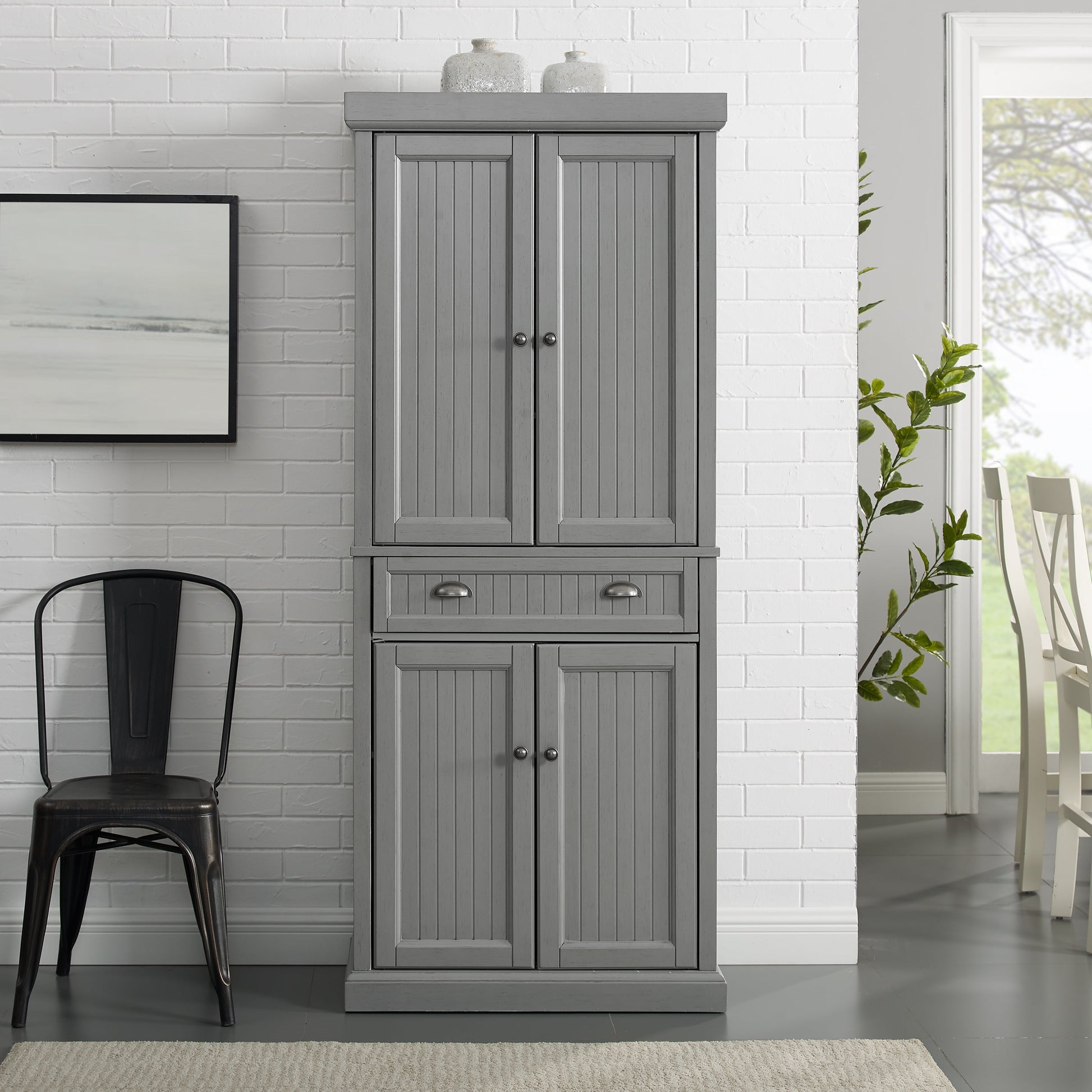 Crosley Furniture Seaside Coastal Pantry with Distressed Gray and Gold Finish