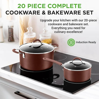 20 Piece Professional Home Kitchen Cookware and Bakeware, Pots and Pans Set Non Stick Kitchenware, Cool-Touch Handles, Safe