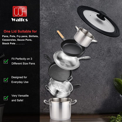 Versatile Universal Lid for Pots, Pans & Skillets - Fits 6.5", 7", & 8" Cookware - Durable Tempered Glass with Heat-Resistant Silicone Rim