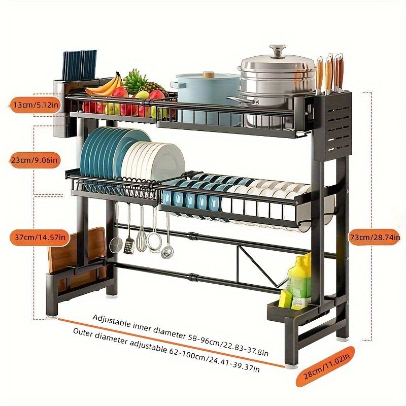 Retractable Black Dish Storage Rack for Kitchen Sink - Multilayer Countertop Organizer