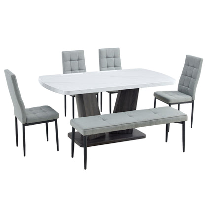 63" Modern Style 6-piece Dining Table with 4 Chairs & 1 Bench, Table with Marbled Veneers Tabletop and V-shaped Table Legs (White)
