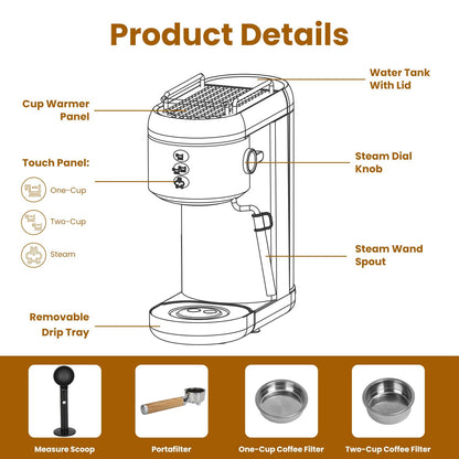 Espresso Machine With Adjustable Milk Frother Steam Wand 33.8OZ Removable Water Tank