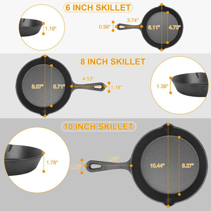 Ultimate 3-Piece Pre-Seasoned Cast Iron Skillet Set – Versatile & Non-Stick Cookware for Every Meal!