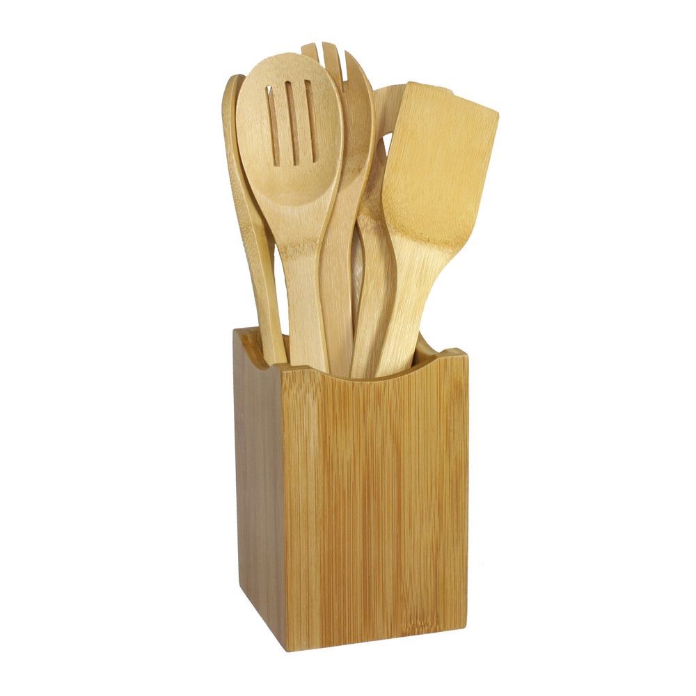 Eco-Friendly 7-Piece Bamboo Kitchen Utensil Set with Holder - Perfect for Cooking Enthusiasts!