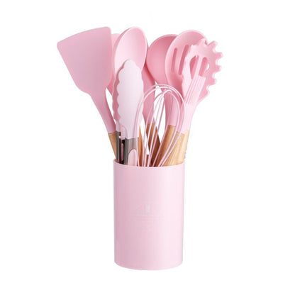 11pcs Wooden Handle Silicone Kitchen Utensils Set Storage Bucket Non-stick Shovel Spoon Cooking Kitchen Utensils 11 Pieces Set Silicone Shovel Spoon