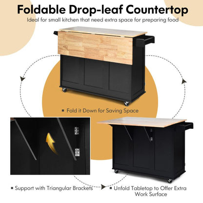 Versatile Rustic Kitchen Cart with Expandable Drop-Leaf Top and Ample Storage Solutions