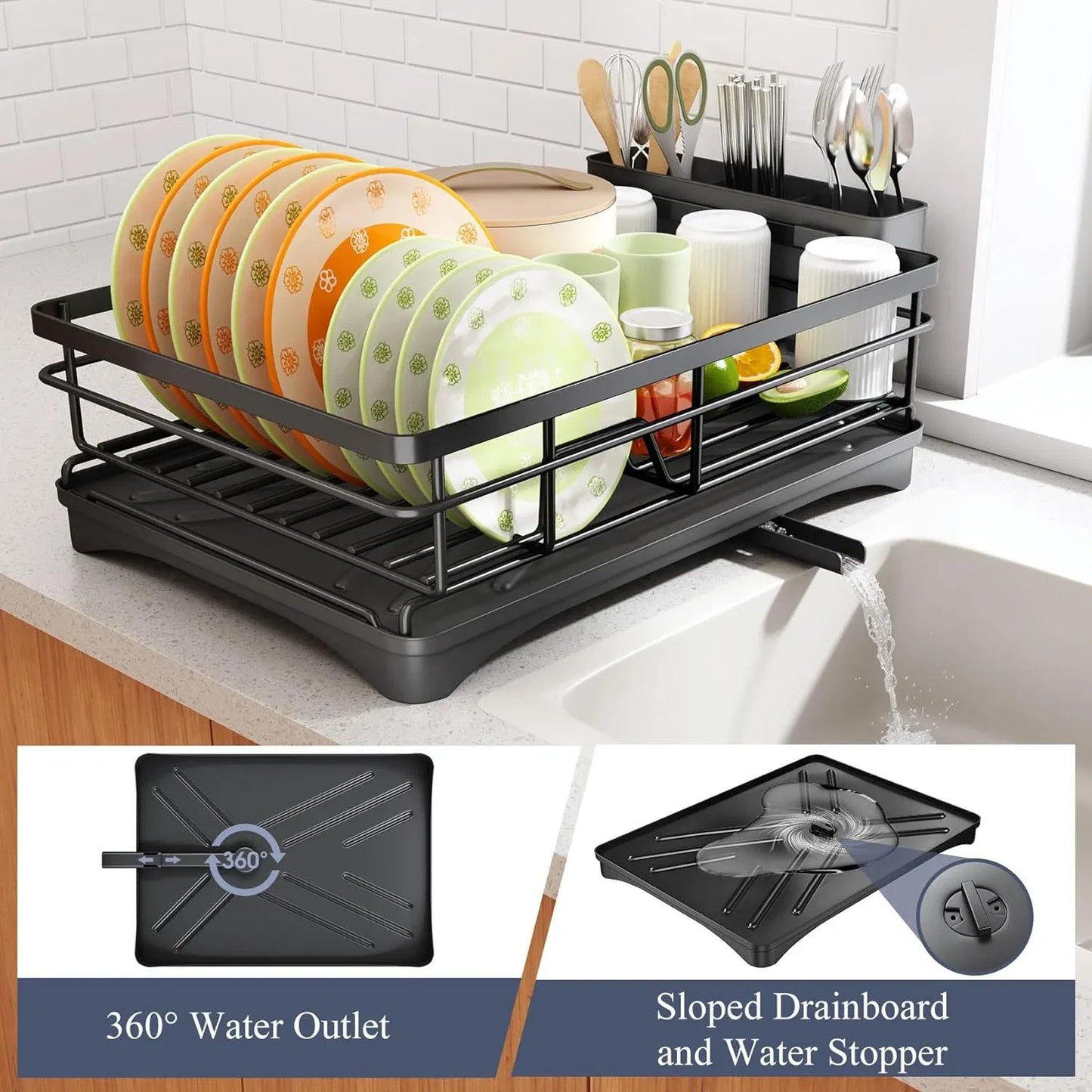 Stainless Steel Dish Drying Rack, Rustproof Dish Drainer with Utensil Holder for Kitchen, Suitable for Undermount Sinks, Black, Size 11.8"D x 16.7"W x 5.7"H