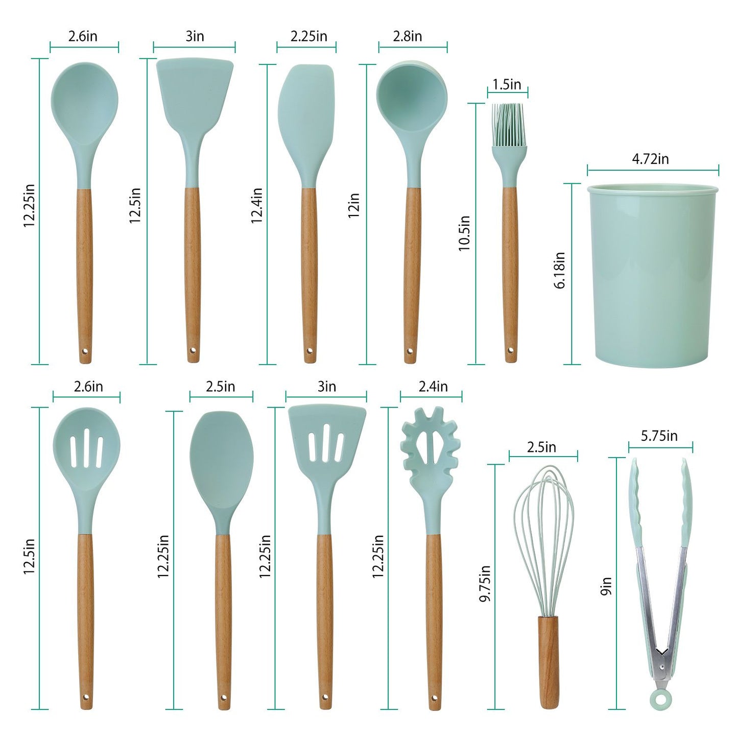 11Pcs Silicone Cooking Utensil Set Heat Resist Wooden Handle Silicone Spatula Turner Ladle Spaghetti Server Tongs