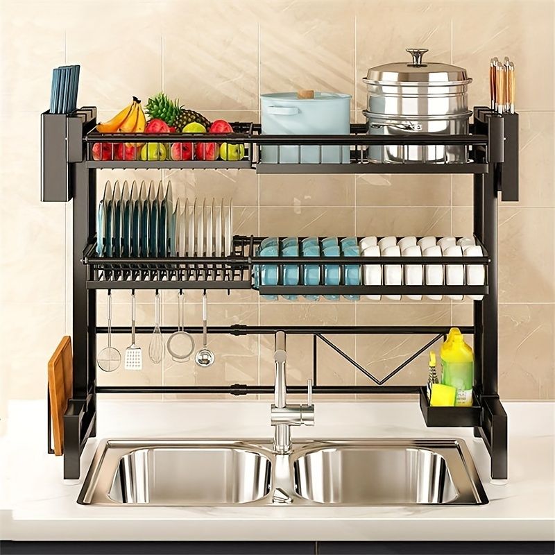 Retractable Black Dish Storage Rack for Kitchen Sink - Multilayer Countertop Organizer