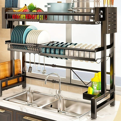 Retractable Black Dish Storage Rack for Kitchen Sink - Multilayer Countertop Organizer