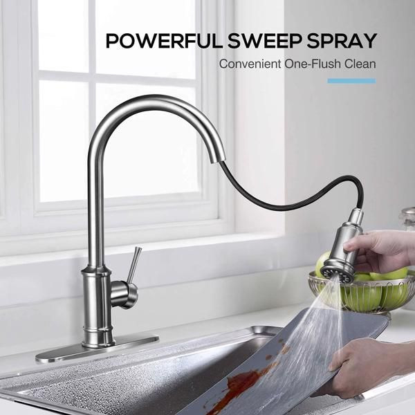 Kitchen Faucet- 3 Modes Pull Down Sprayer Kitchen Sink Faucet; Brushed Nickel Kitchen Faucet Single Handle; 1or3 Holes with Deck Plate; 100% Lead-Free for RV/House