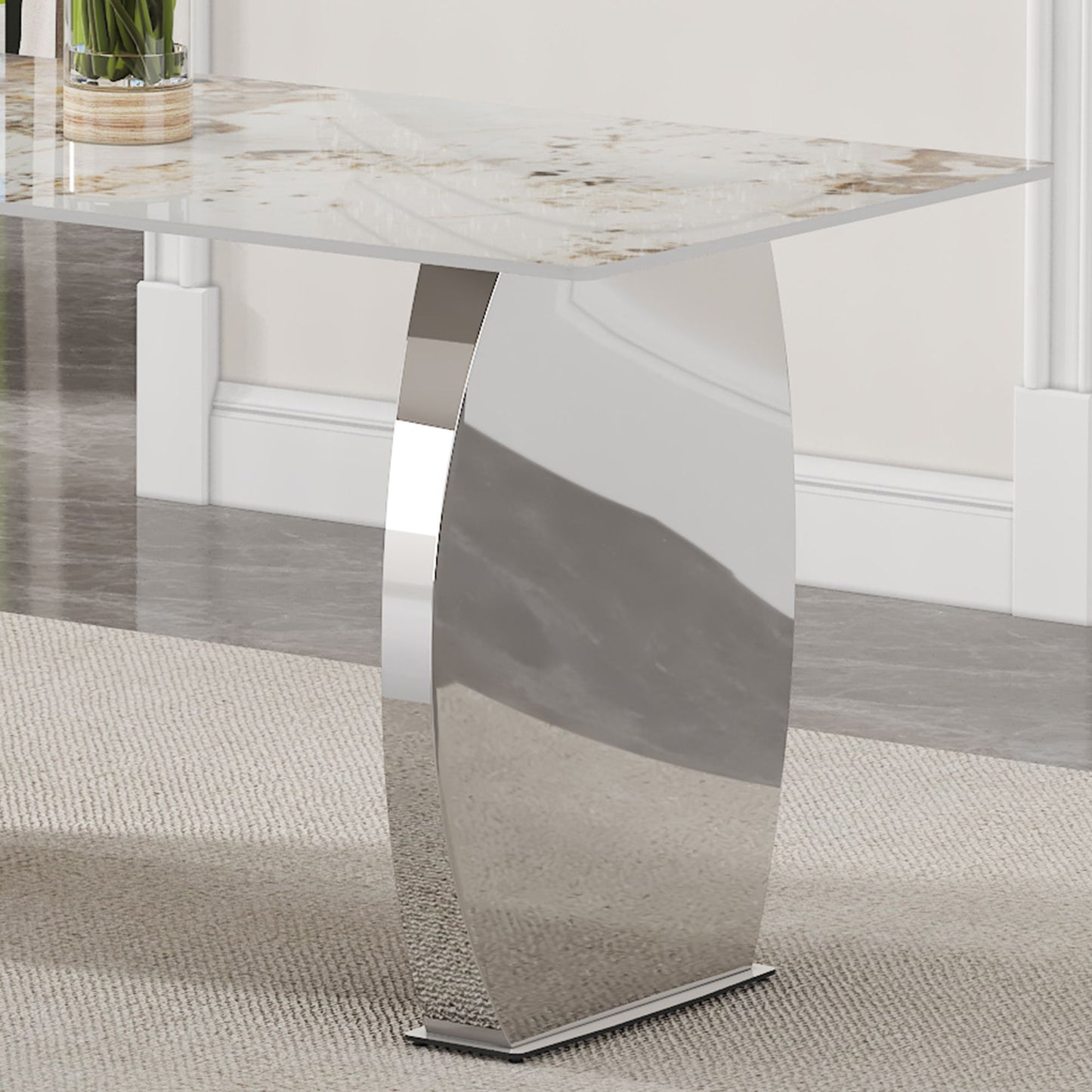 Modern rectangular dining table, imitation marbled rock plate table top, stainless steel table legs, suitable for kitchen, dining room, living room 63 inches * 31.4 inches.