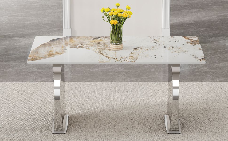 Modern rectangular dining table, imitation marbled rock plate table top, stainless steel table legs, suitable for kitchen, dining room, living room 63 inches * 31.4 inches.