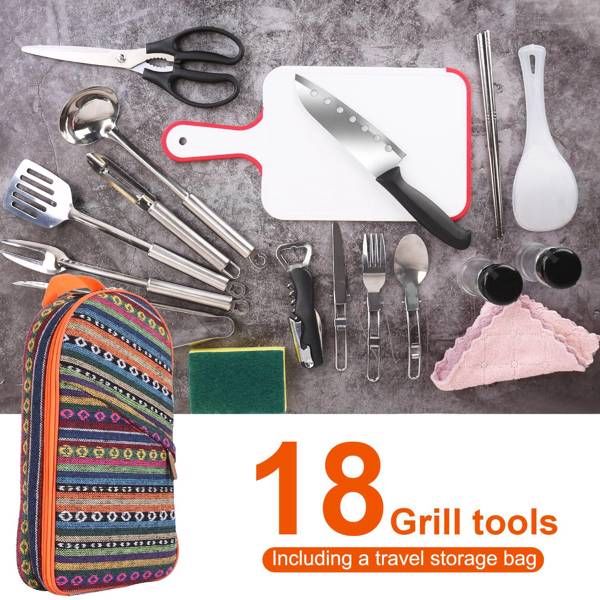 19-Piece Portable Camping Cooking Set with Organizer - Essential Outdoor Utensils for BBQ and Picnics