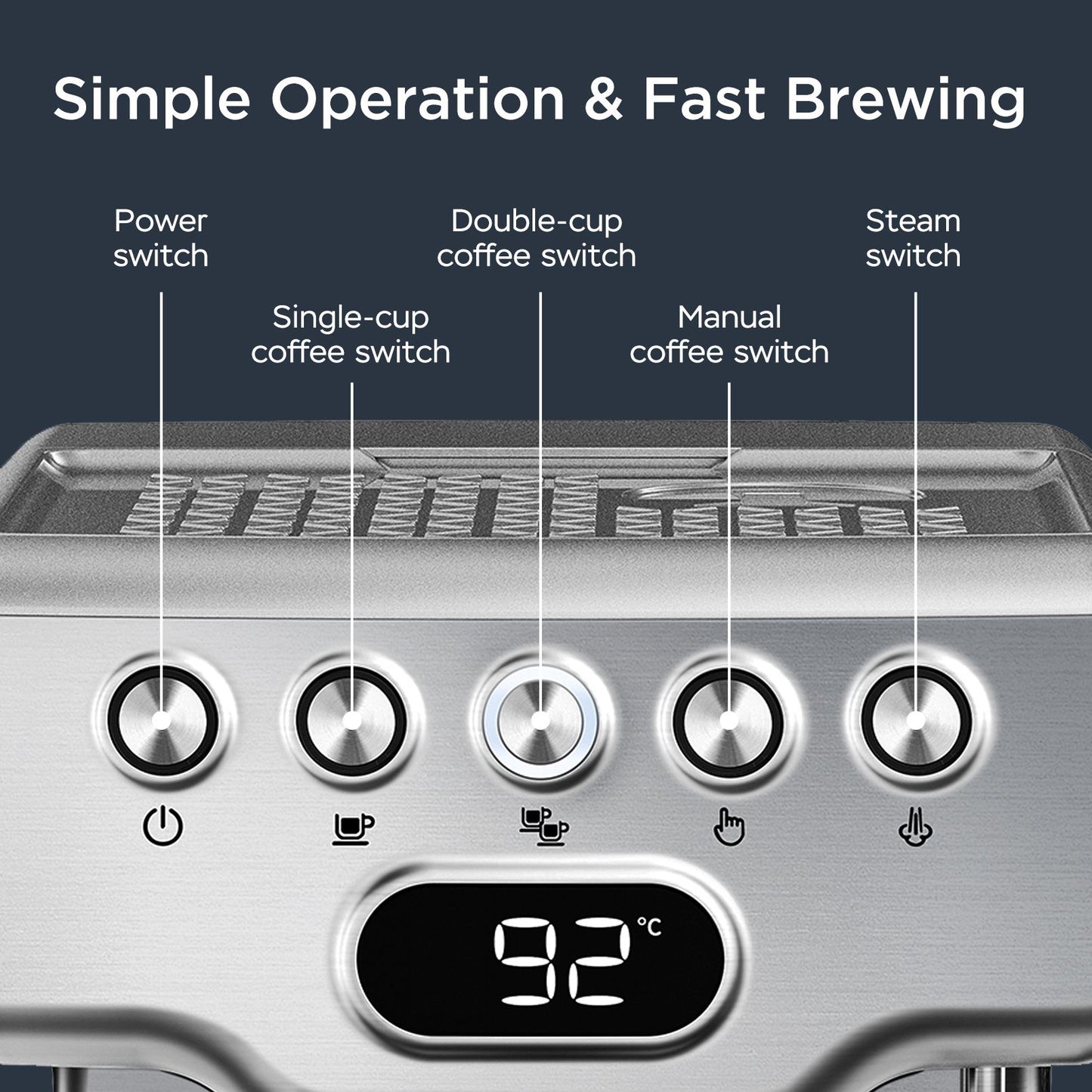 Geek Chef 20-Bar Espresso Machine with Milk Frother - Home Espresso Maker, Latte, Cappuccino, Machiato - 1.8L Water Tank - Stainless Steel