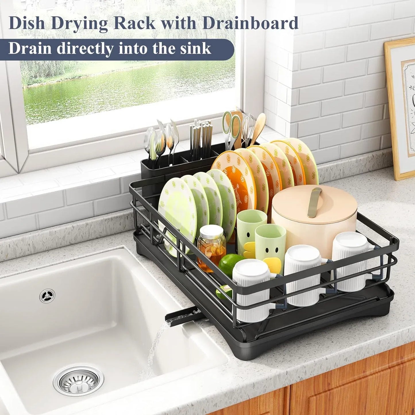 Stainless Steel Dish Drying Rack, Rustproof Dish Drainer with Utensil Holder for Kitchen, Suitable for Undermount Sinks, Black, Size 11.8"D x 16.7"W x 5.7"H