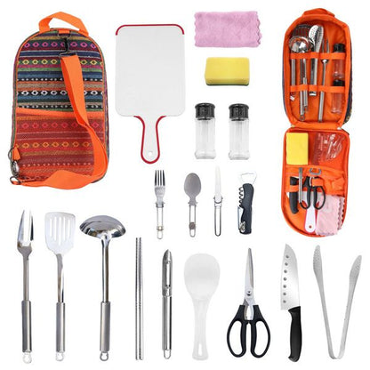 19-Piece Portable Camping Cooking Set with Organizer - Essential Outdoor Utensils for BBQ and Picnics