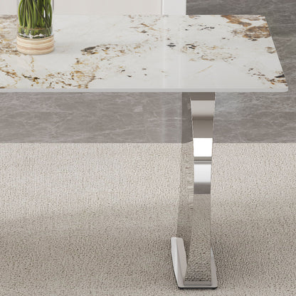 Modern rectangular dining table, imitation marbled rock plate table top, stainless steel table legs, suitable for kitchen, dining room, living room 63 inches * 31.4 inches.