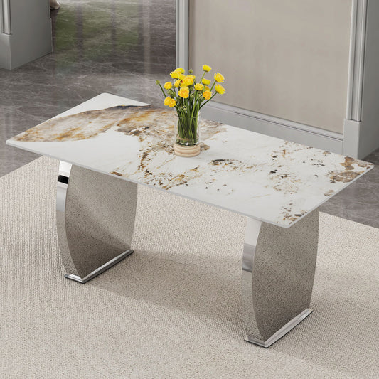 Modern rectangular dining table, imitation marbled rock plate table top, stainless steel table legs, suitable for kitchen, dining room, living room 63 inches * 31.4 inches.