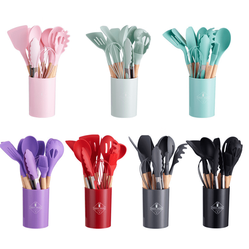 11pcs Wooden Handle Silicone Kitchen Utensils Set Storage Bucket Non-stick Shovel Spoon Cooking Kitchen Utensils 11 Pieces Set Silicone Shovel Spoon