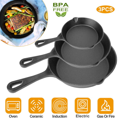 Ultimate 3-Piece Pre-Seasoned Cast Iron Skillet Set – Versatile & Non-Stick Cookware for Every Meal!