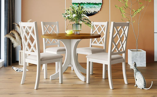 Elegant Walnut Round Dining Set for 4 - Mid-Century Modern with Upholstered Chairs