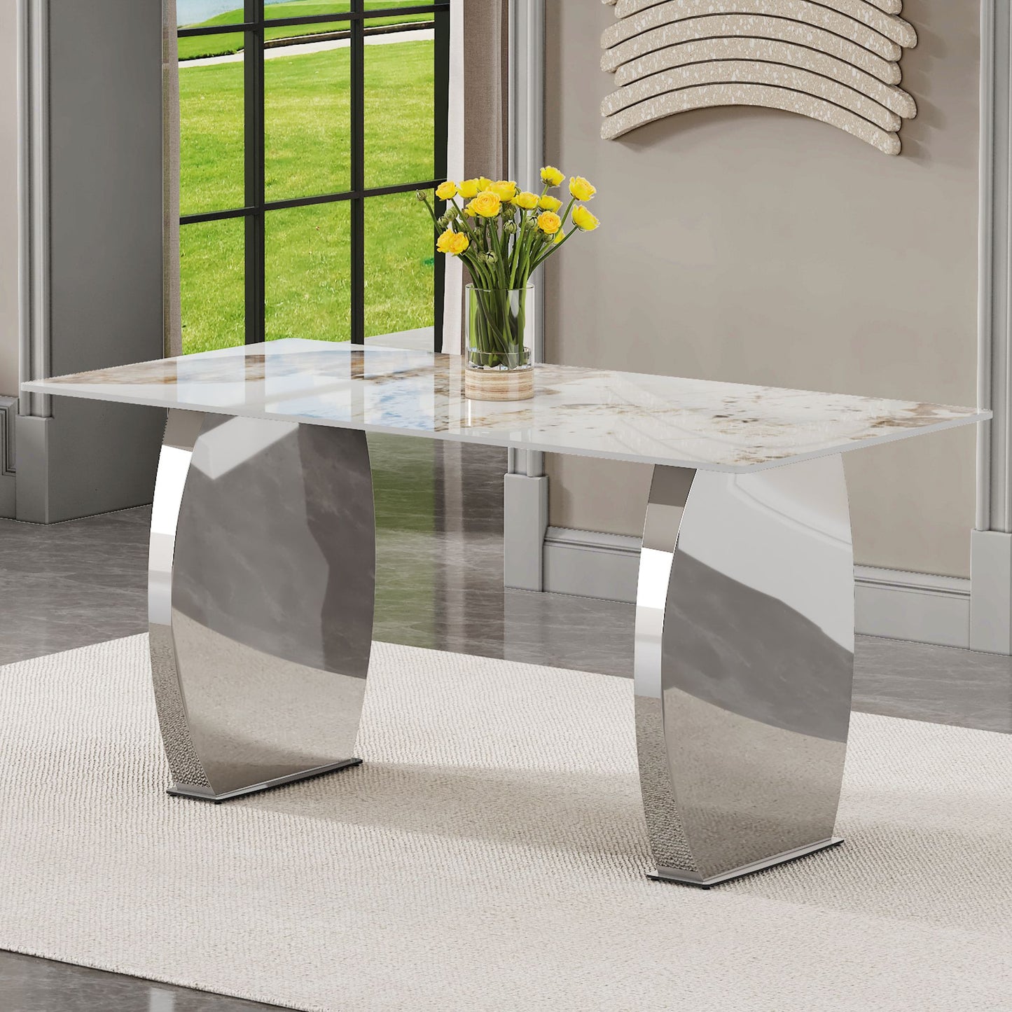 Modern rectangular dining table, imitation marbled rock plate table top, stainless steel table legs, suitable for kitchen, dining room, living room 63 inches * 31.4 inches.