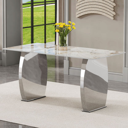 Modern rectangular dining table, imitation marbled rock plate table top, stainless steel table legs, suitable for kitchen, dining room, living room 63 inches * 31.4 inches.