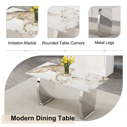 Modern rectangular dining table, imitation marbled rock plate table top, stainless steel table legs, suitable for kitchen, dining room, living room 63 inches * 31.4 inches.