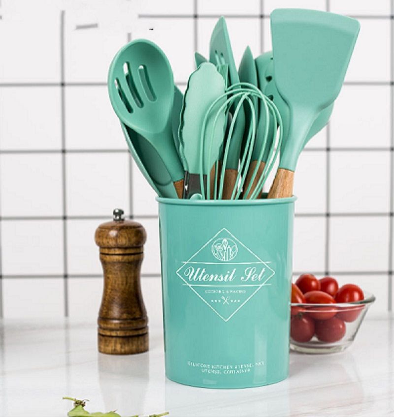 Premium 12-Piece Silicone Kitchen Utensil Set with Wooden Handles – Perfect for Non-Stick Cookware!