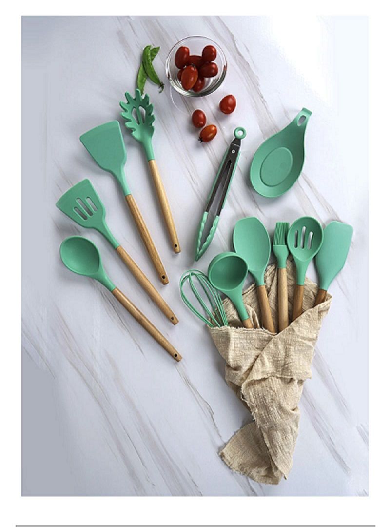 Premium 12-Piece Silicone Kitchen Utensil Set with Wooden Handles – Perfect for Non-Stick Cookware!