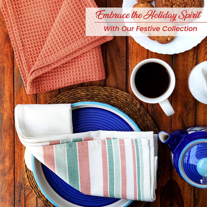 Eco-Friendly Boho Stripe Kitchen Towels Set - 3 Absorbent Recycled Cotton Dish Towels in Fall Colors