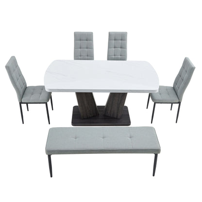 63" Modern Style 6-piece Dining Table with 4 Chairs & 1 Bench, Table with Marbled Veneers Tabletop and V-shaped Table Legs (White)