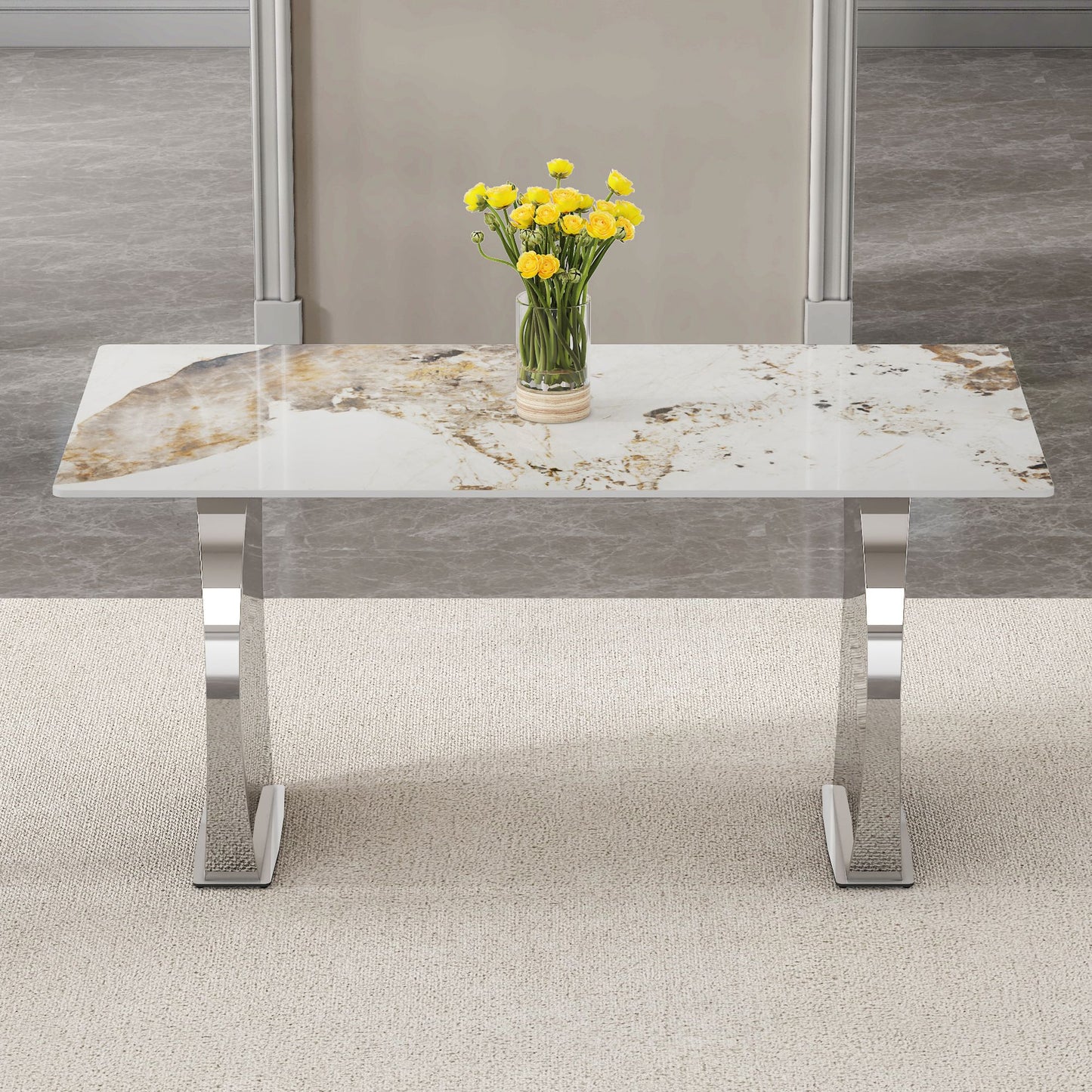 Modern rectangular dining table, imitation marbled rock plate table top, stainless steel table legs, suitable for kitchen, dining room, living room 63 inches * 31.4 inches.