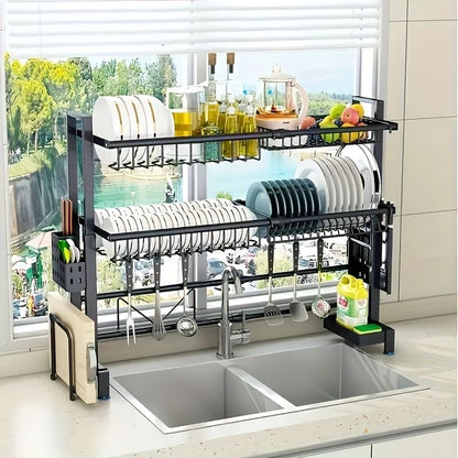 Retractable Black Dish Storage Rack for Kitchen Sink - Multilayer Countertop Organizer