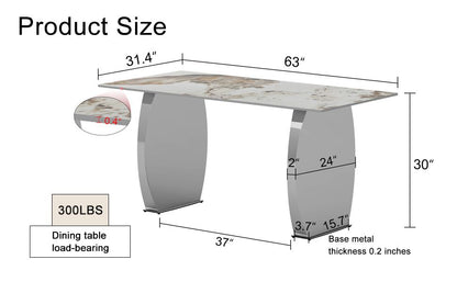 Modern rectangular dining table, imitation marbled rock plate table top, stainless steel table legs, suitable for kitchen, dining room, living room 63 inches * 31.4 inches.