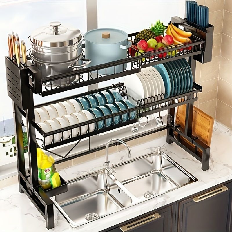 Retractable Black Dish Storage Rack for Kitchen Sink - Multilayer Countertop Organizer