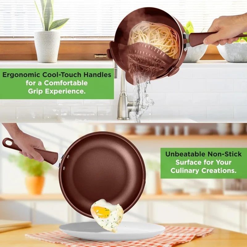 20 Piece Professional Home Kitchen Cookware and Bakeware, Pots and Pans Set Non Stick Kitchenware, Cool-Touch Handles, Safe