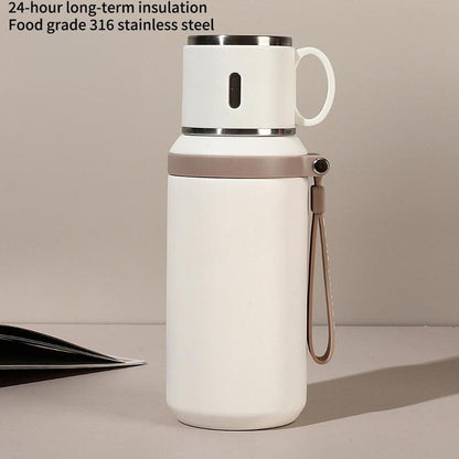 Stainless Steel Vacuum Flask, 1 Count Tea Separation Insulated Bottle with Cup Lid & Rope, Drinking Cup for Outdoor, Cycling, Hiking, Office